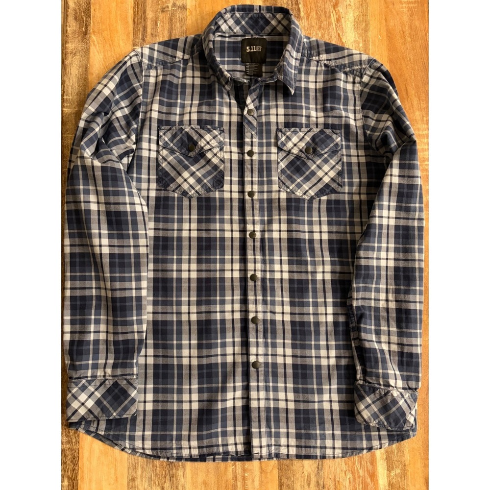 5.11 Tactical Mens Blue White Plaid Long Sleeve Snap Front Cotton Shirt Medium